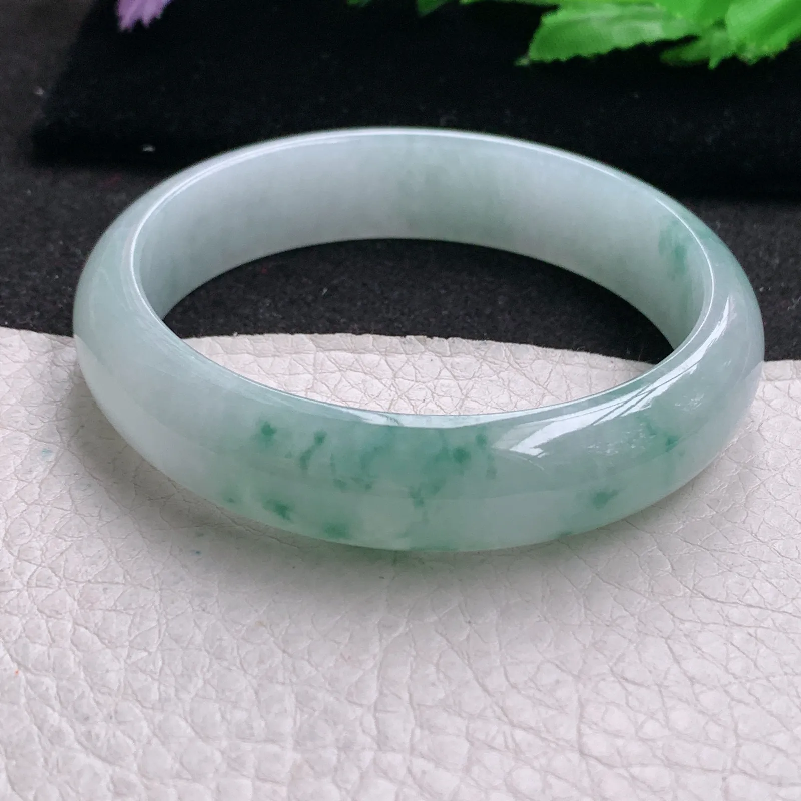 js实拍57.5*14*7平安镯 缅甸翡翠a货精美冰飘花宽边玉手镯 玉手环