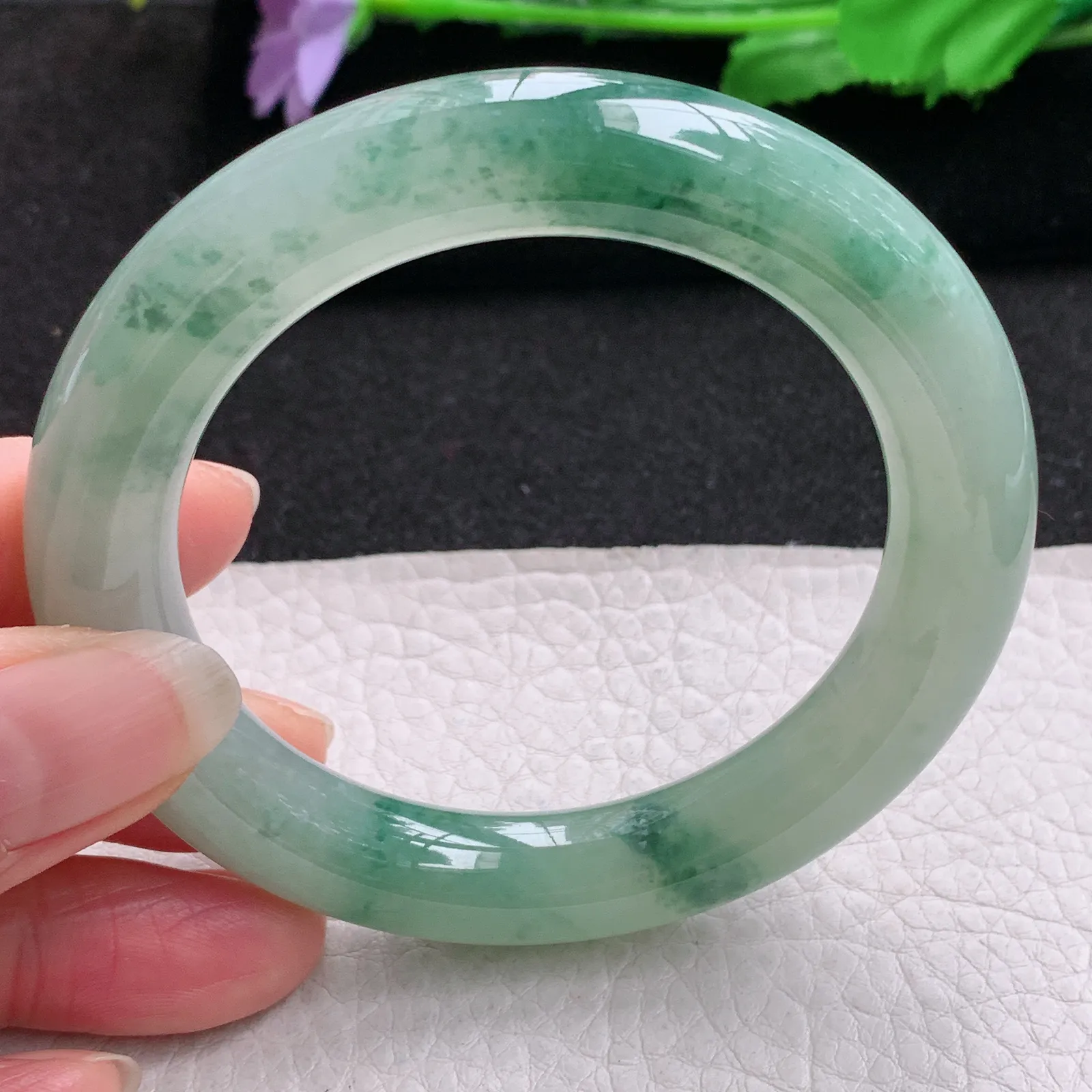 ss实拍54.5*11胖圆镯 缅甸翡翠a货玉手镯冰飘花圆条玉手环