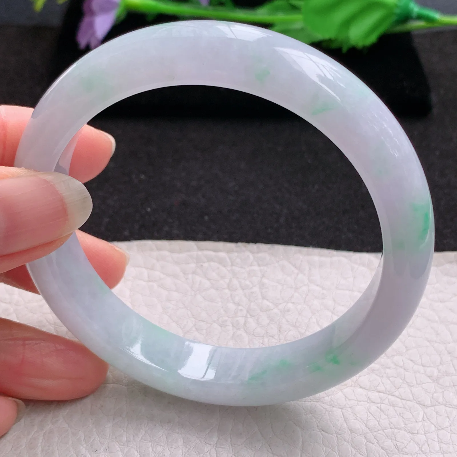 xd大圈口61*13*8.5平安镯 缅甸翡翠a货玉手镯淡春带彩宽边玉手环