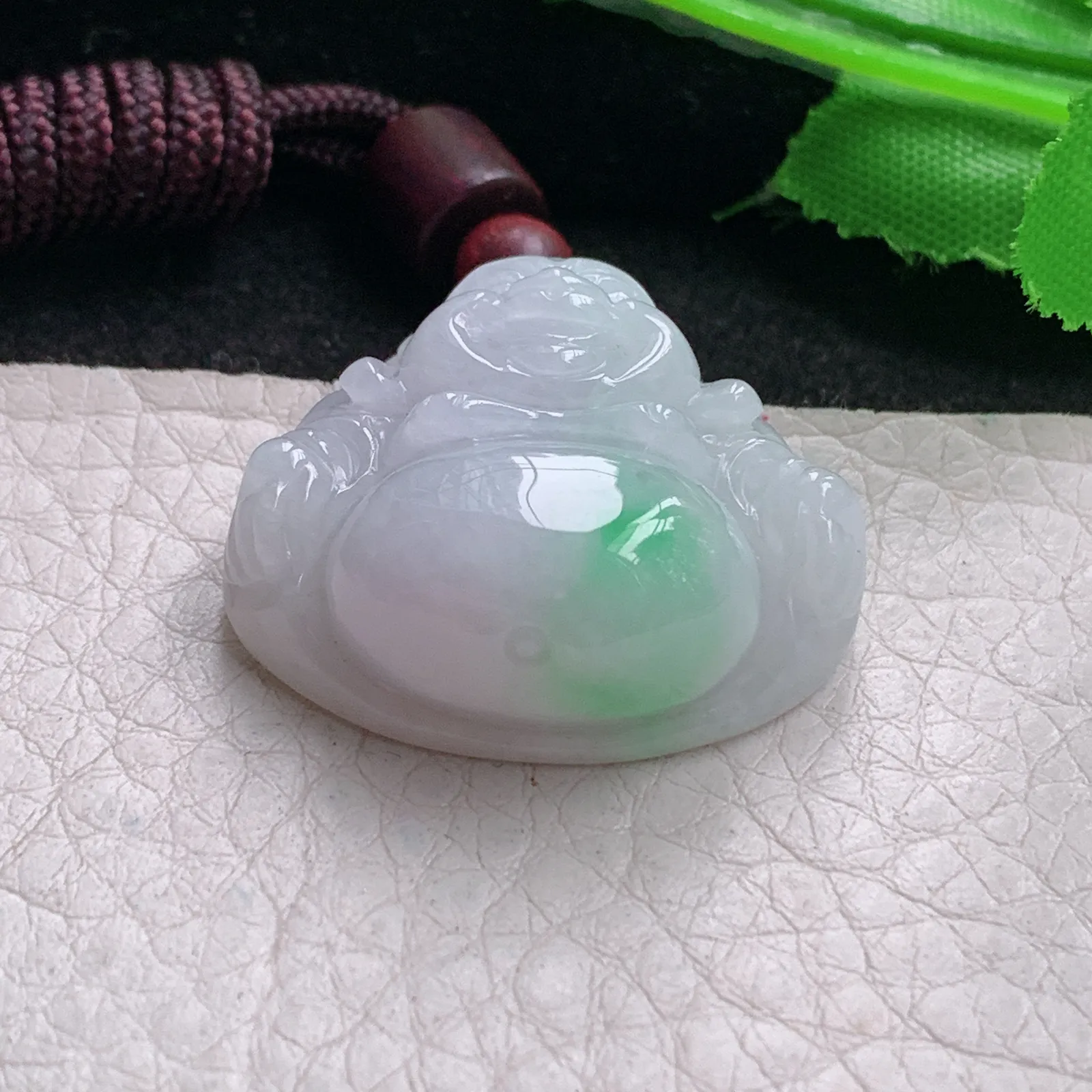 zen实拍27.8*30.5*12.8缅甸翡翠精雕白底青佛公 大肚佛玉项坠 玉挂件