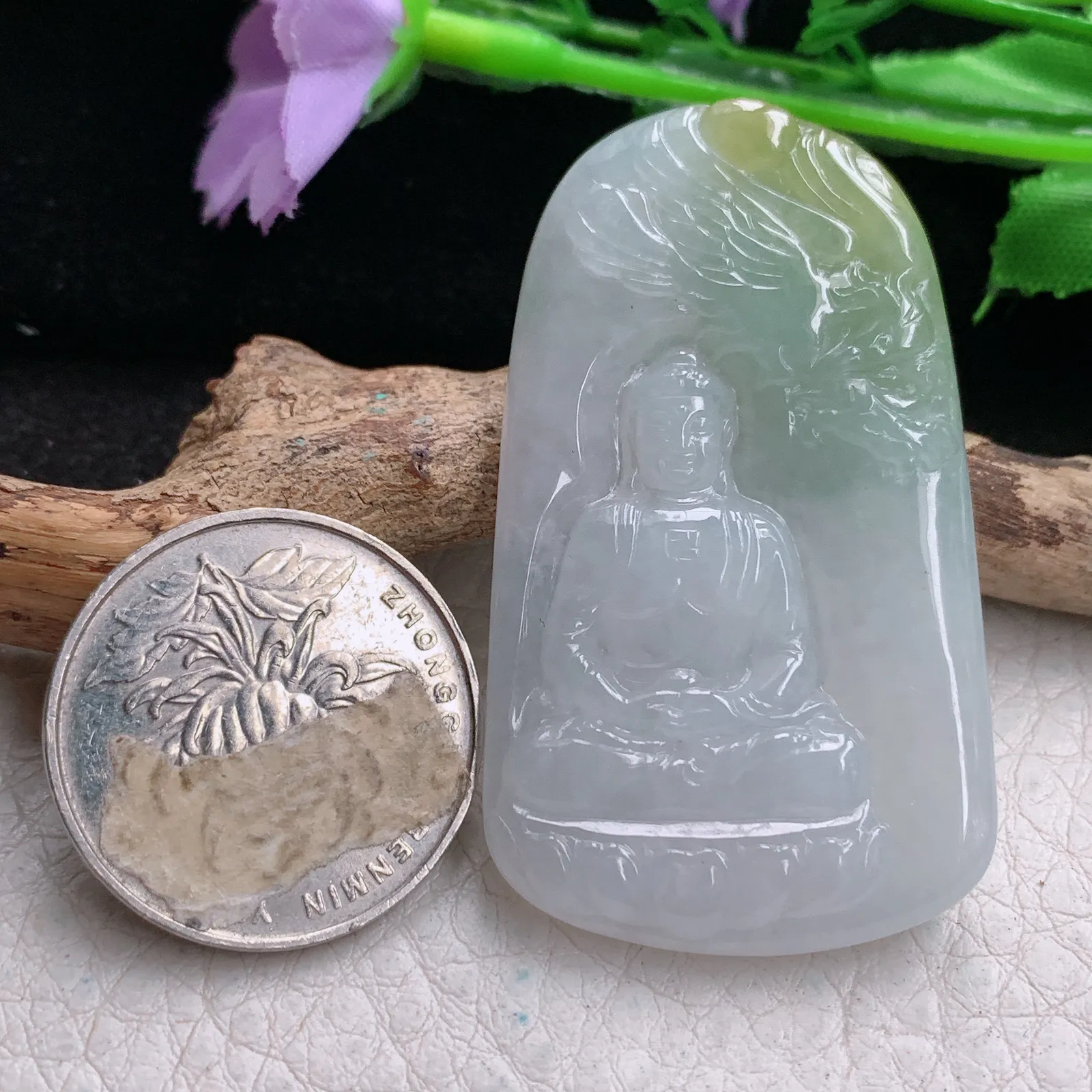 yn实拍50.8*29.3*5.3缅甸翡翠精雕俏黄翡双彩大日如来佛祖玉吊坠