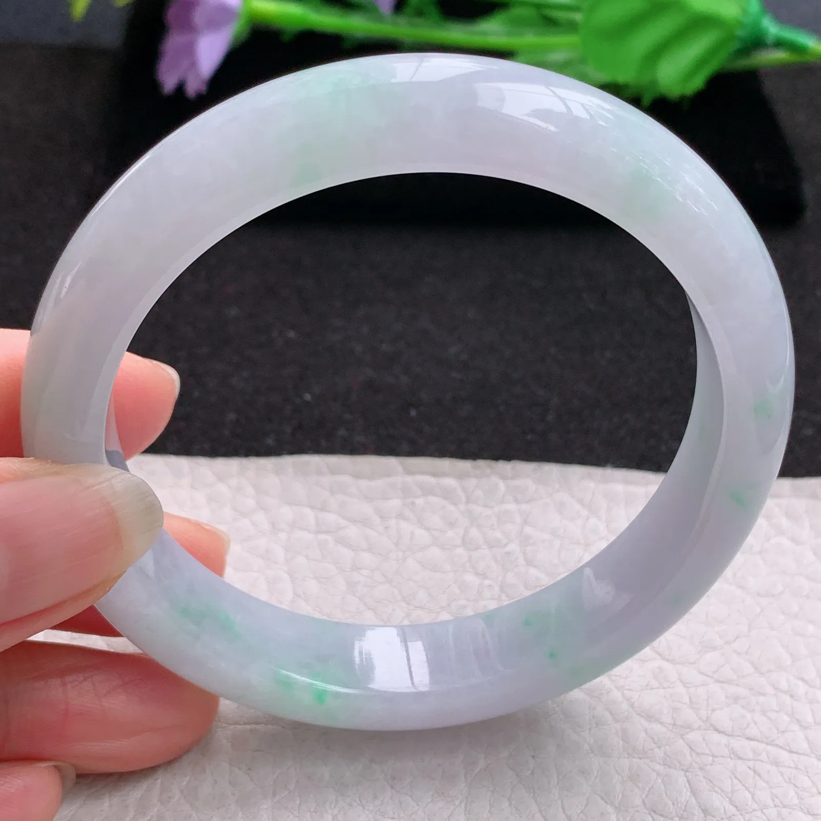 xd大圈口61*13*8.5平安镯 缅甸翡翠a货玉手镯淡春带彩宽边玉手环