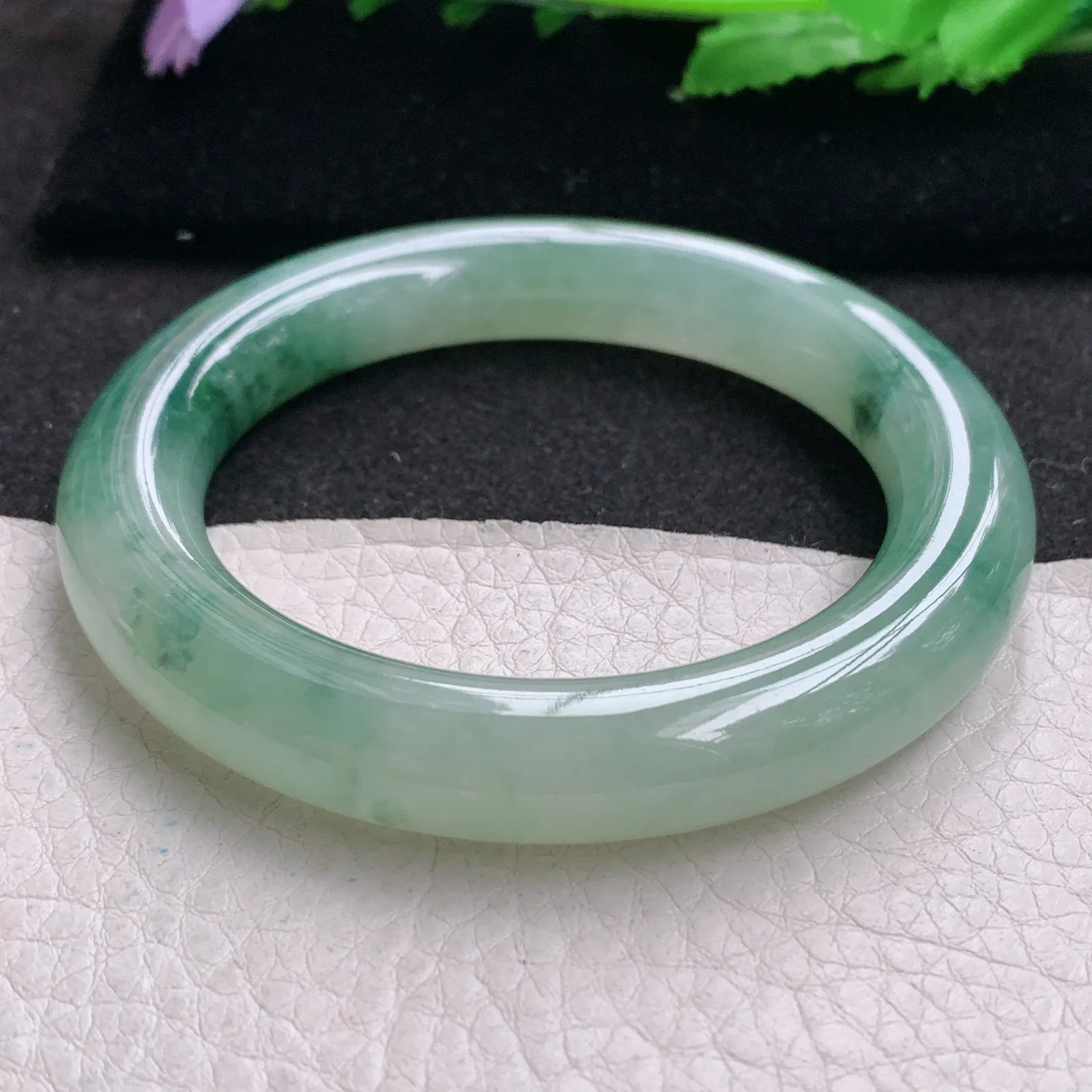 ss实拍54.5*11胖圆镯 缅甸翡翠a货玉手镯冰飘花圆条玉手环