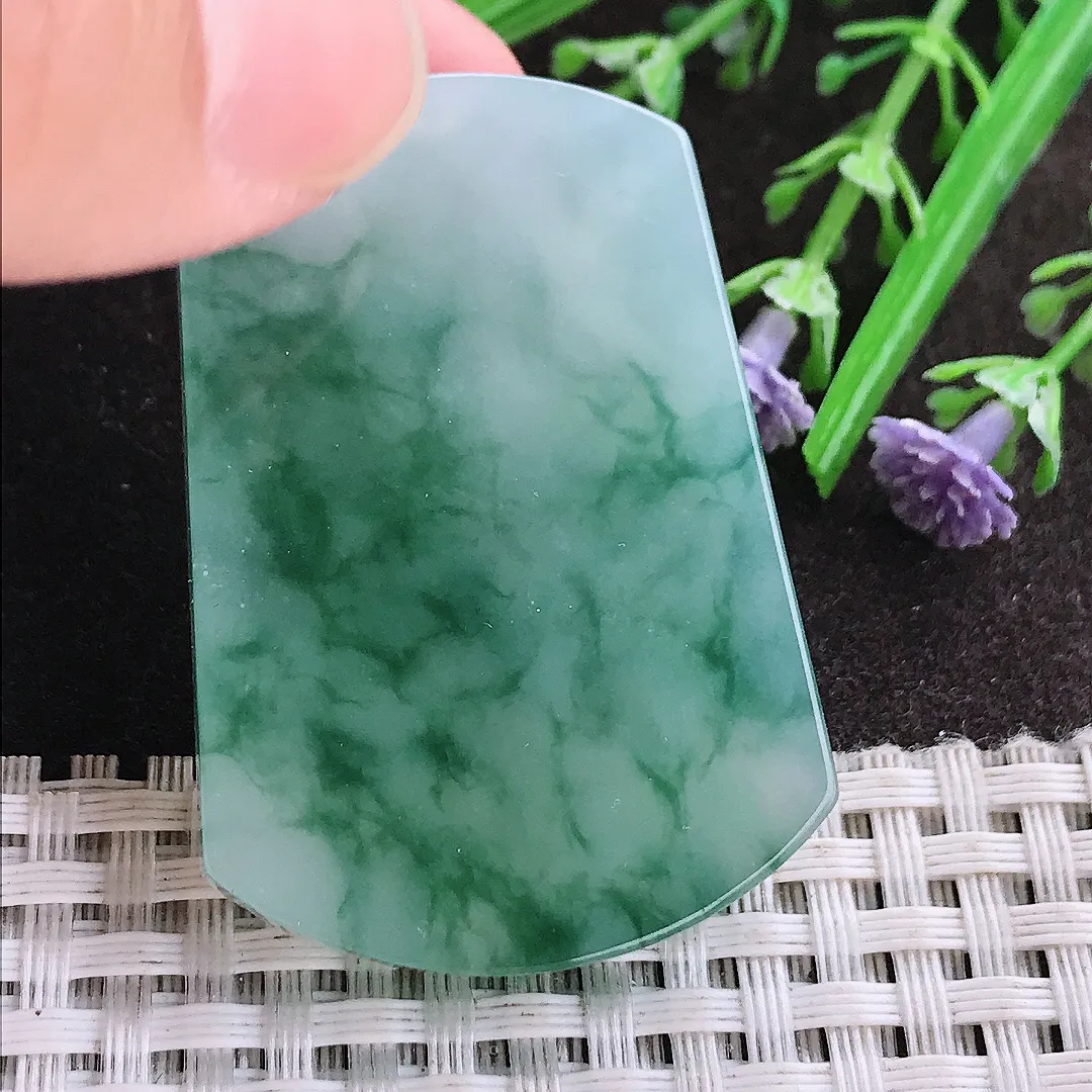 实拍A货翡翠47.8/33/5.9老坑冰胶水灵冰飘花平安无事牌吊坠翡翠玉牌挂件
