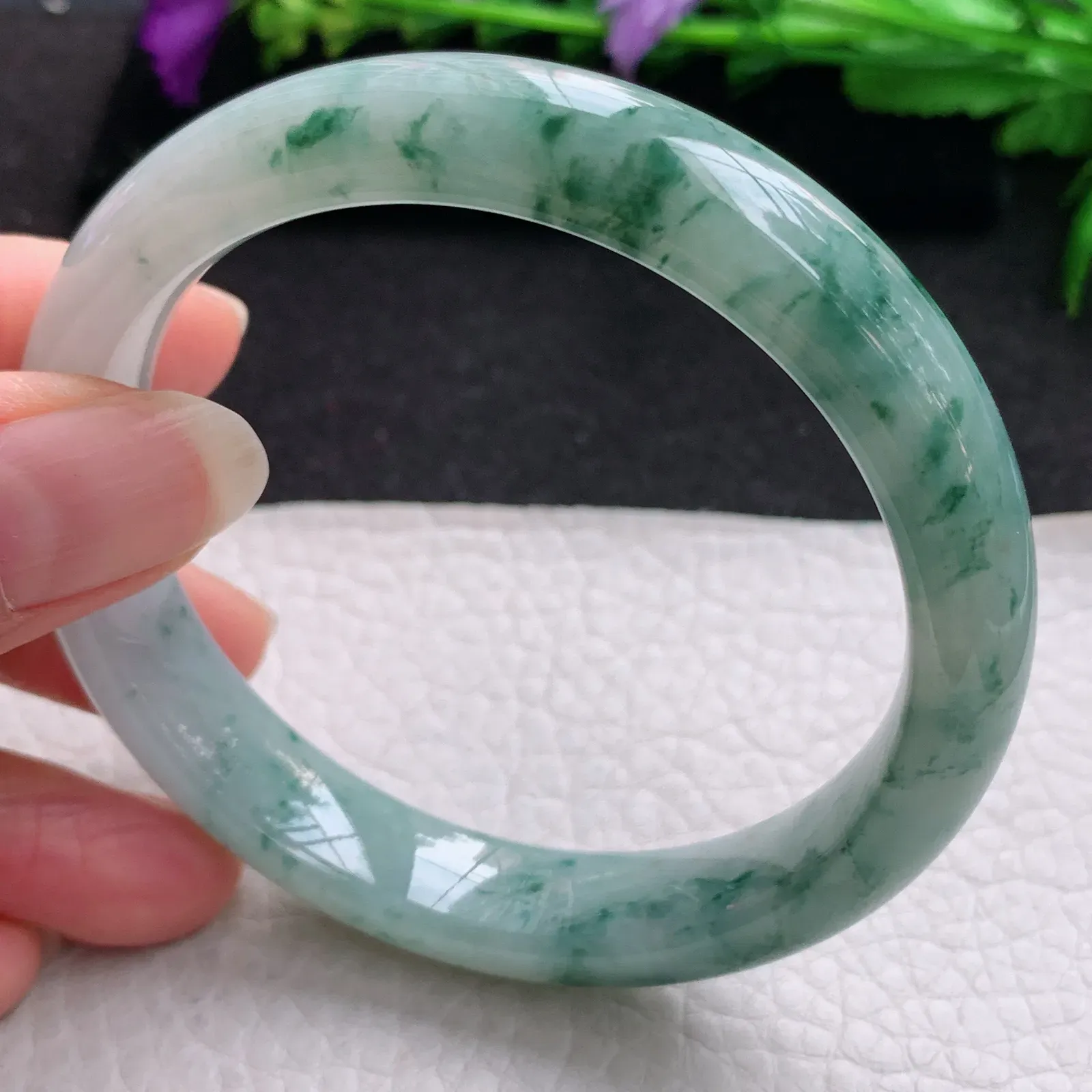 hh实拍59*12.3*8平安镯 缅甸翡翠精美冰飘花灵动宽边玉手镯 玉手环