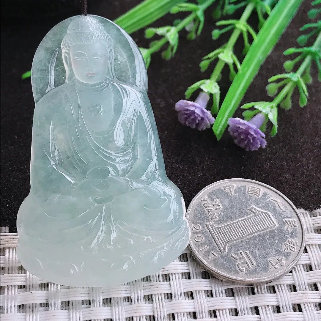 实拍A货翡翠53.5/35.2/6老坑冰种果冻胶冰晴大日如来佛祖吊坠翡翠玉牌挂件