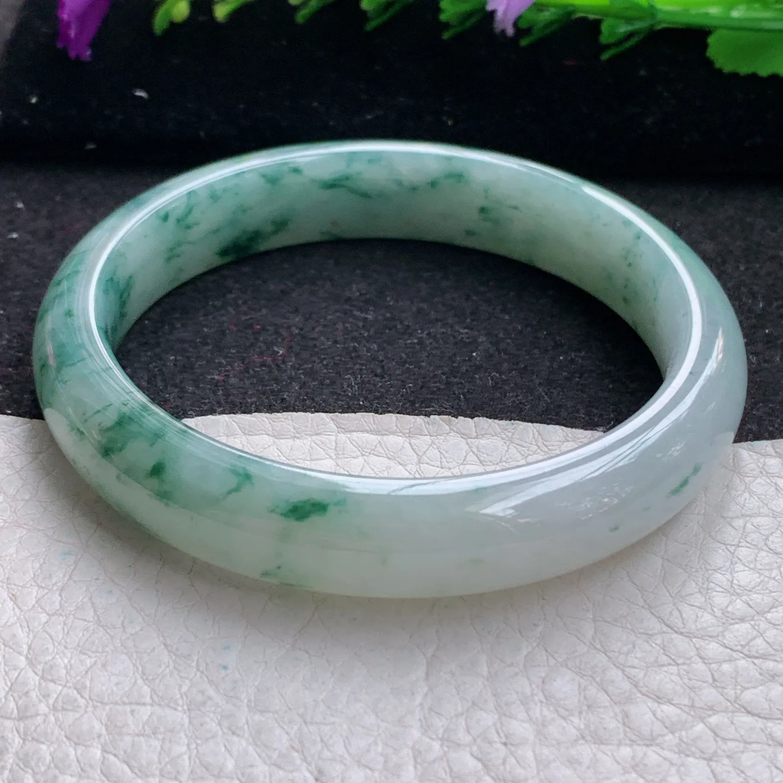 hh实拍59*12.3*8平安镯 缅甸翡翠精美冰飘花灵动宽边玉手镯 玉手环