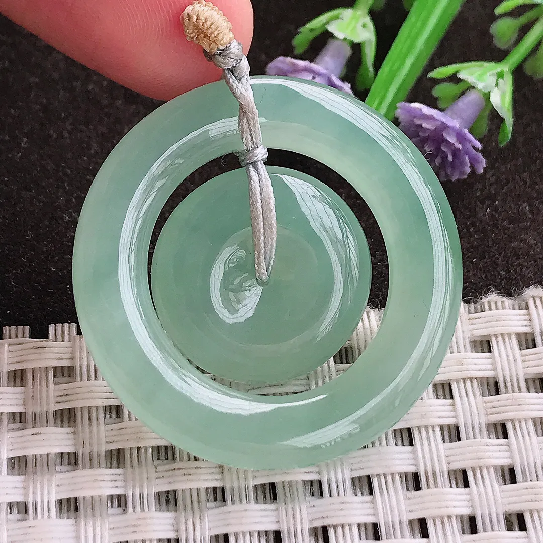 实拍A货翡翠33.7/5.5老坑冰胶果冻冰晴甜绿母子扣吊坠翡翠玉扣挂件平安扣