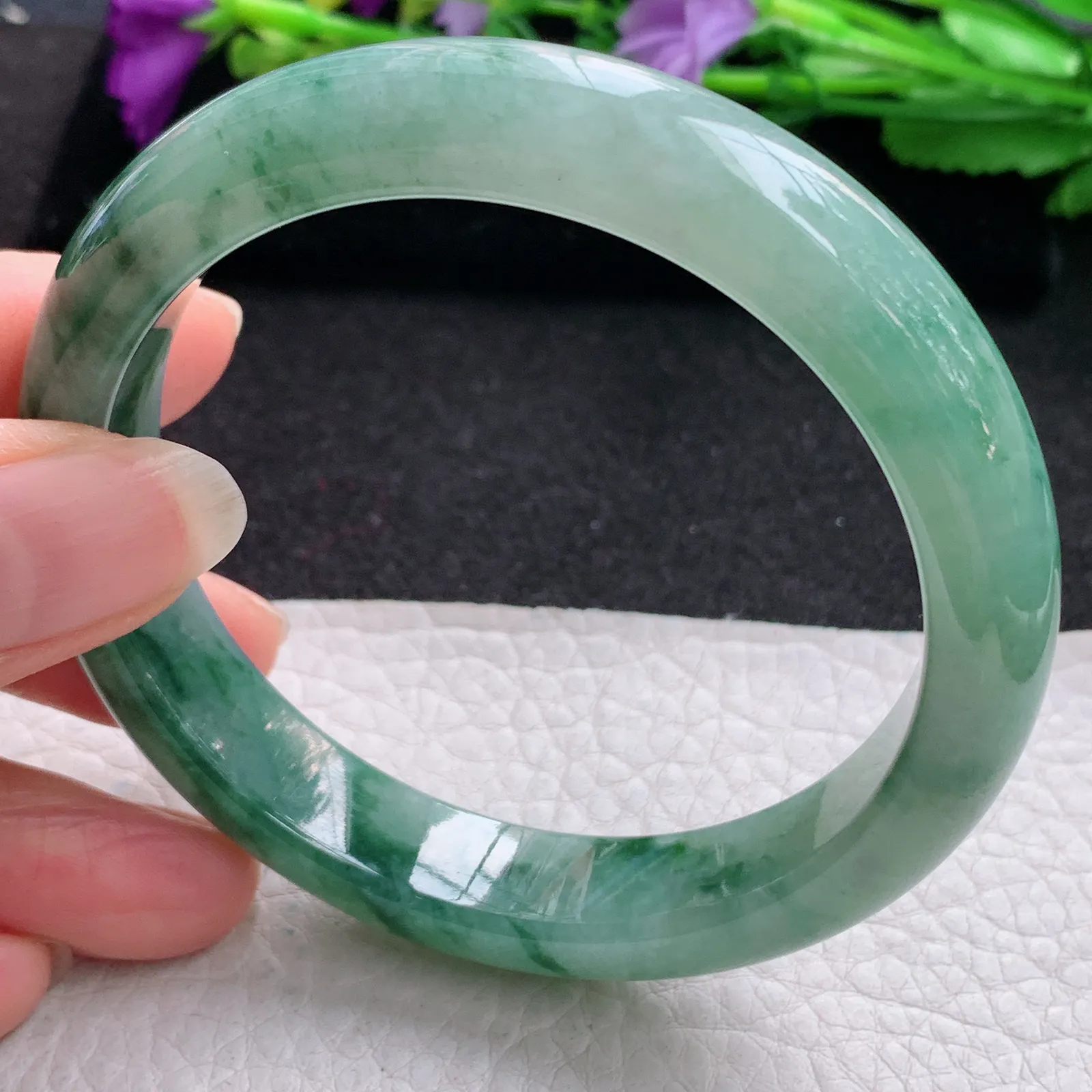 hh实拍58.5*12.3*8.5平安镯 缅甸翡翠精美飘蓝绿花宽边玉手镯 玉手环