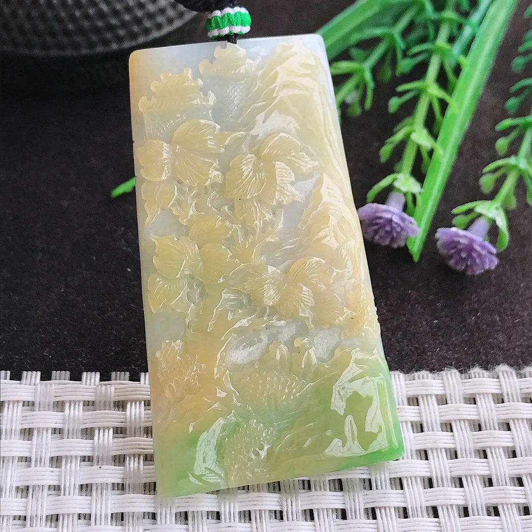 实拍A货翡翠58/33.5/6老坑精美冰润三彩黄翡山水牌吊坠翡翠玉牌挂件