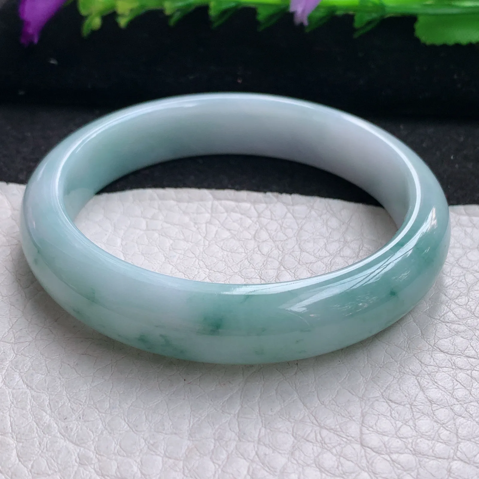 js实拍56.5*12.5*7.5平安镯 缅甸翡翠精美水润飘花宽边玉手镯 玉手环
