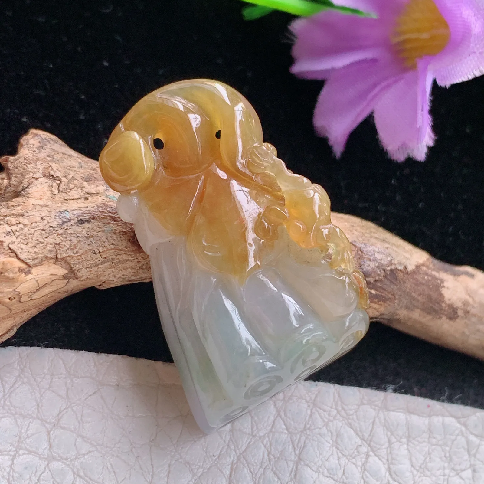 yn实拍36*19.8*12.5缅甸翡翠精雕冰双彩莲蓬 福气满满玉吊坠 玉挂坠