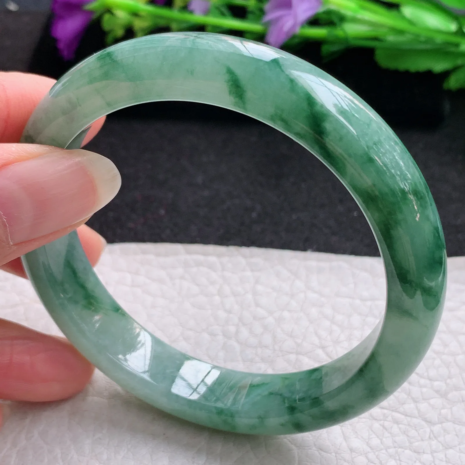 hh实拍58.5*12.3*8.5平安镯 缅甸翡翠精美飘蓝绿花宽边玉手镯 玉手环