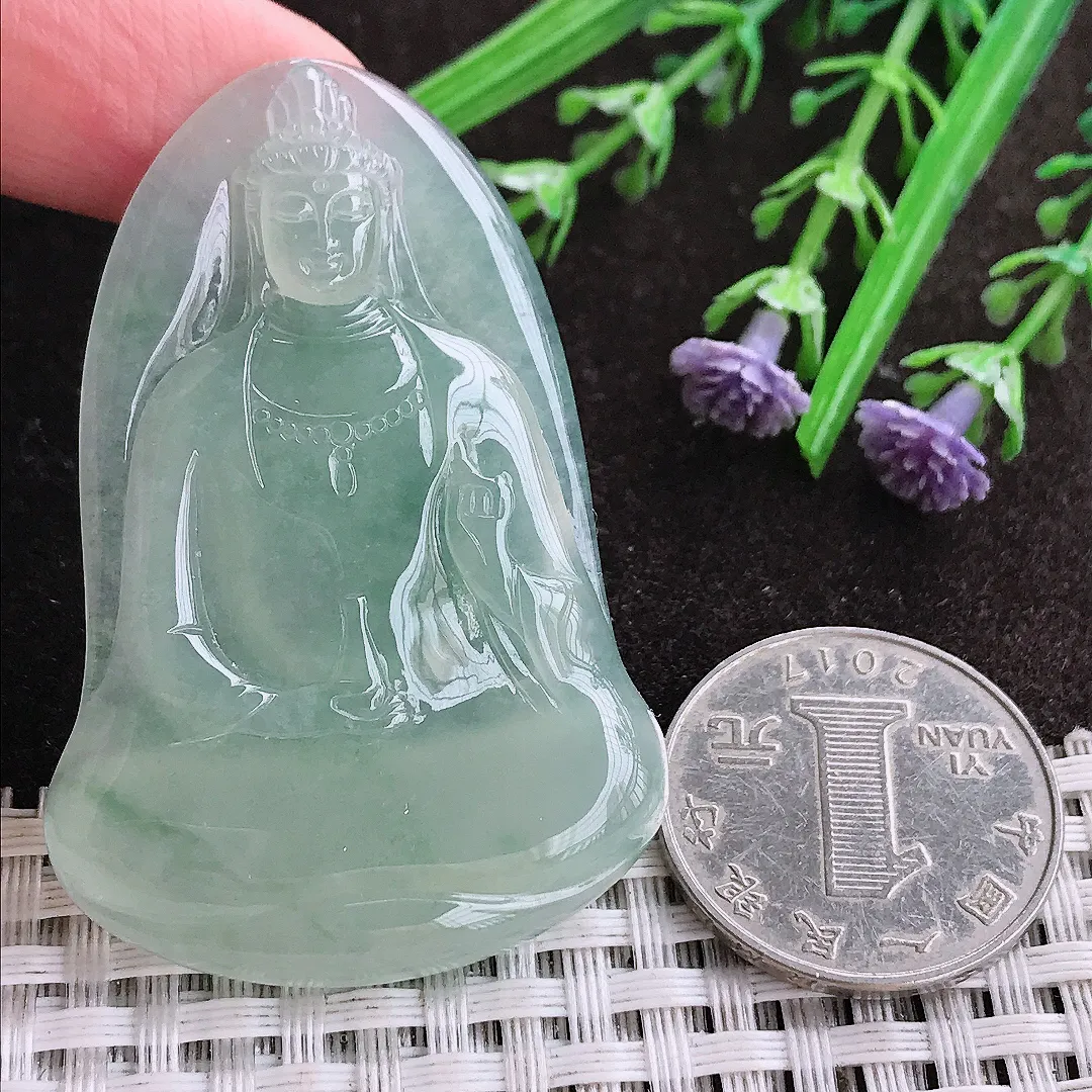 实拍A货翡翠55/36.5/5.6老坑冰胶果冻冰晴绿素衣观音吊坠翡翠玉牌挂件