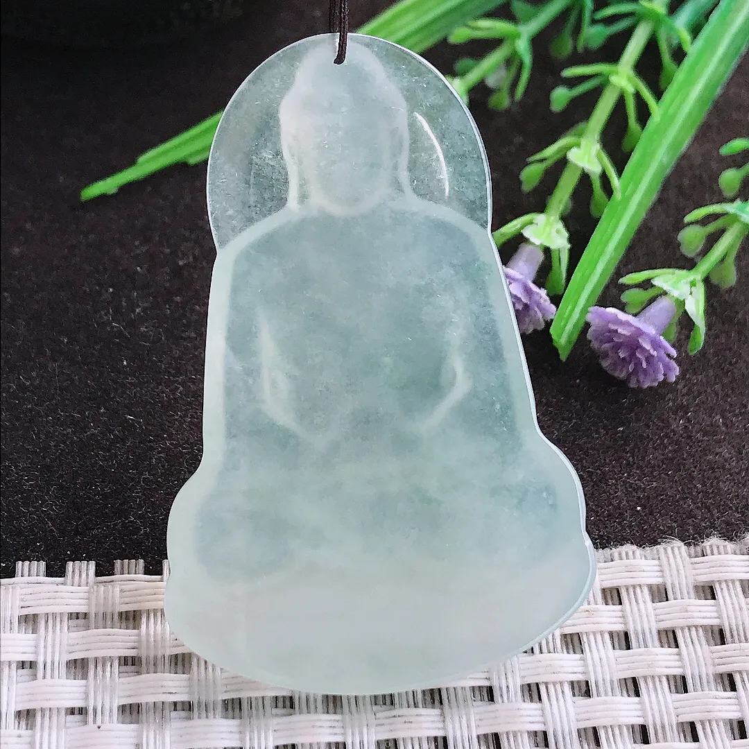 实拍A货翡翠53.5/35.2/6老坑冰种果冻胶冰晴大日如来佛祖吊坠翡翠玉牌挂件