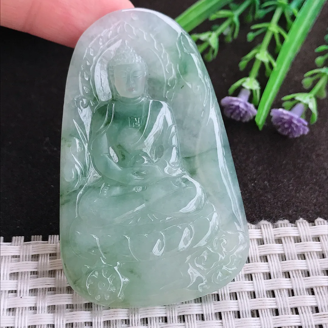 实拍A货翡翠65.6/42.5/5.5老坑冰胶水灵冰飘花大日如来佛吊坠翡翠玉牌挂件