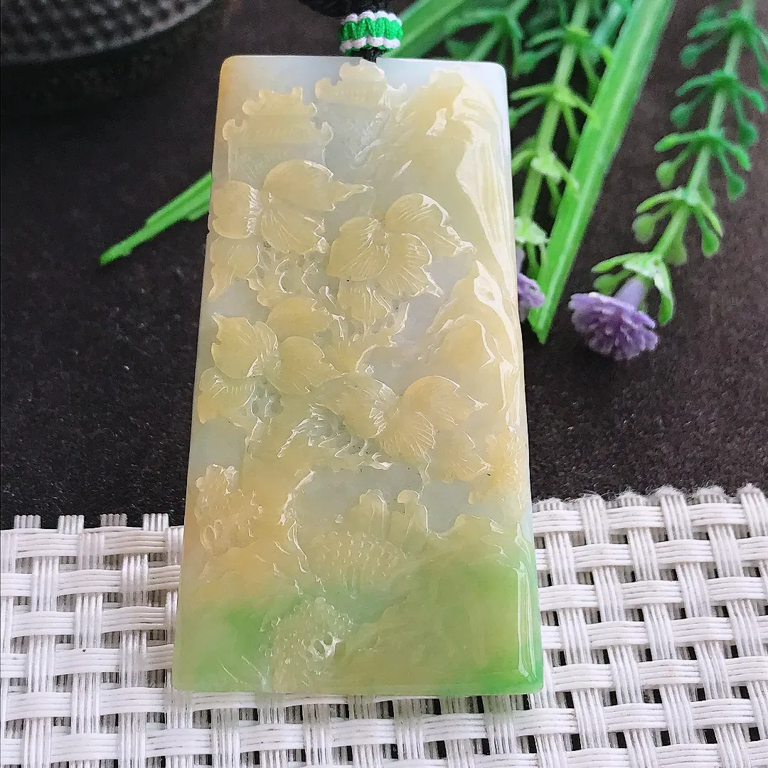 实拍A货翡翠58/33.5/6老坑精美冰润三彩黄翡山水牌吊坠翡翠玉牌挂件