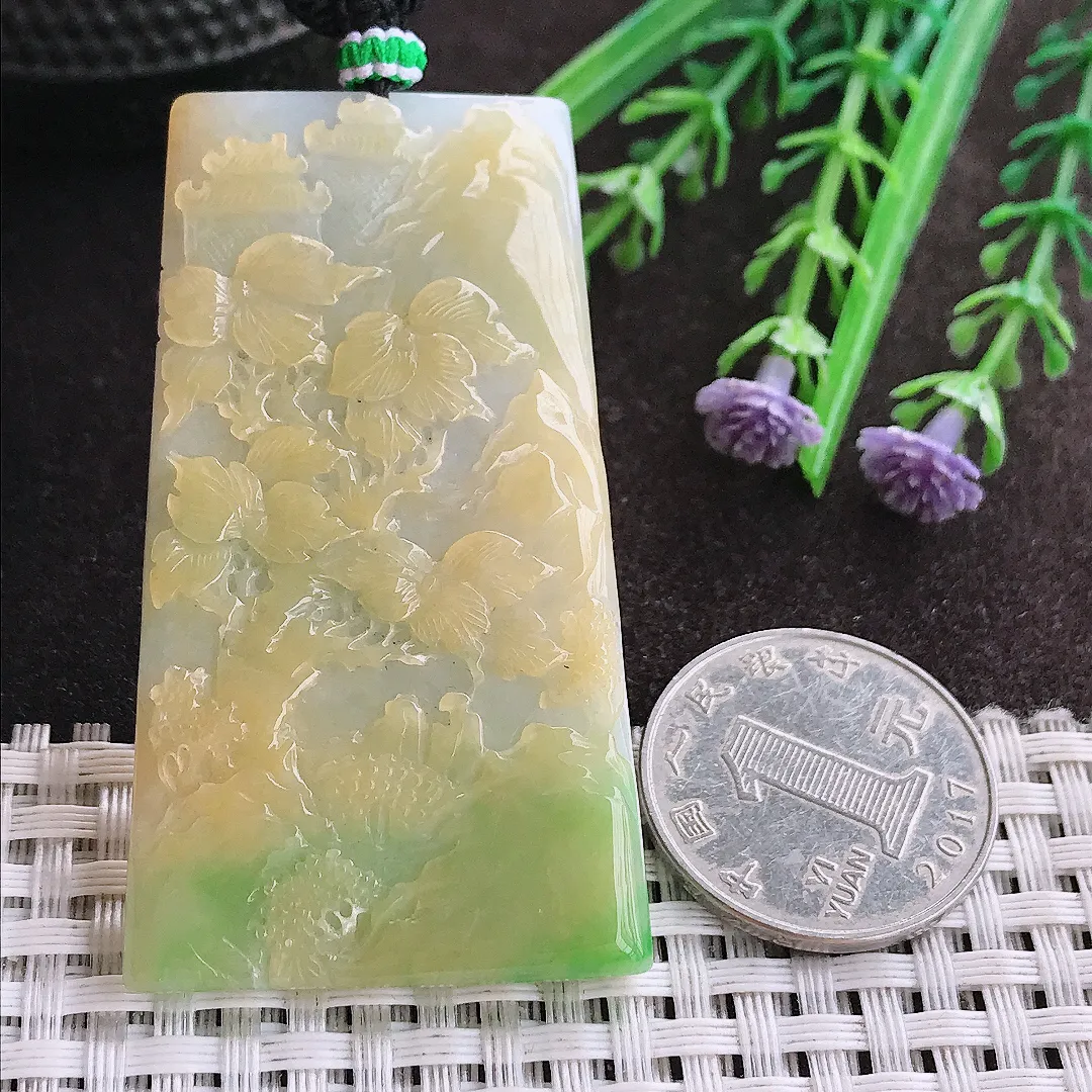 实拍A货翡翠58/33.5/6老坑精美冰润三彩黄翡山水牌吊坠翡翠玉牌挂件
