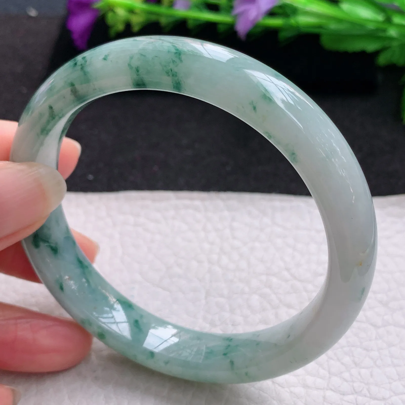 hh实拍59*12.3*8平安镯 缅甸翡翠精美冰飘花灵动宽边玉手镯 玉手环