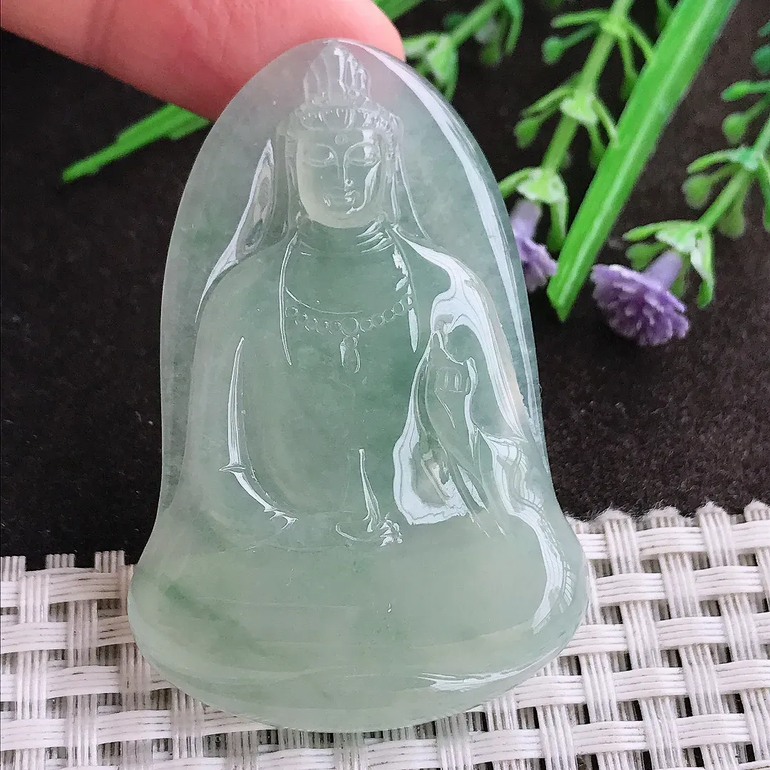 实拍A货翡翠55/36.5/5.6老坑冰胶果冻冰晴绿素衣观音吊坠翡翠玉牌挂件