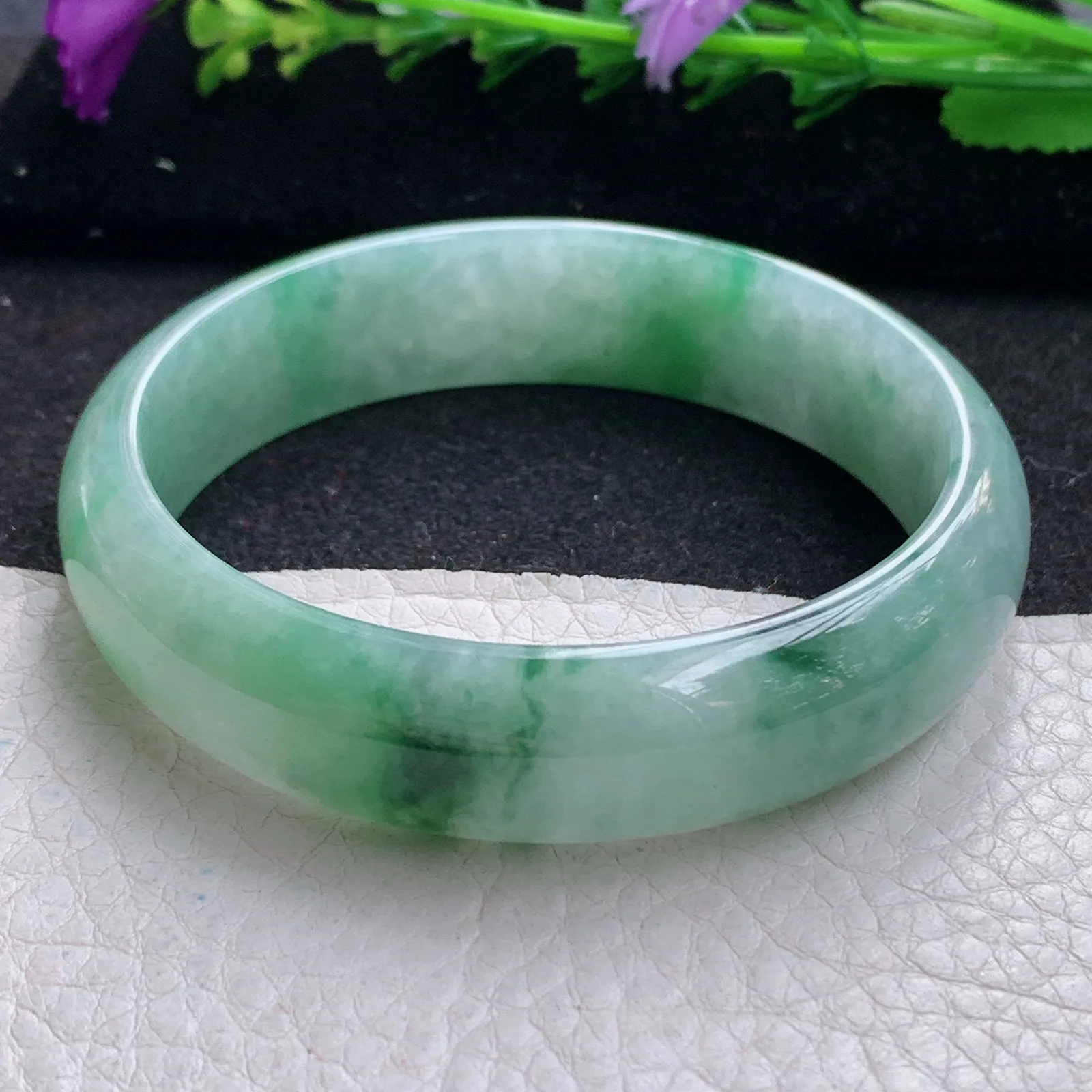 hh大圈口60*15*6.5轮胎镯 缅甸翡翠精美冰飘花灵动宽边玉手镯 玉手环
