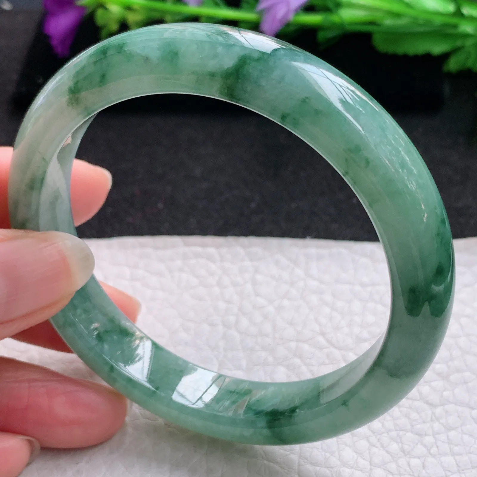 hh实拍58.5*12.3*8.5平安镯 缅甸翡翠精美飘蓝绿花宽边玉手镯 玉手环