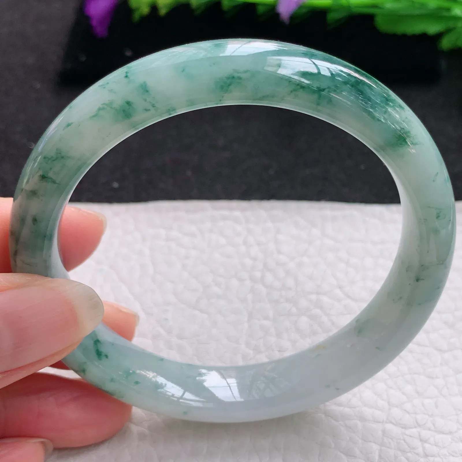 hh实拍59*12.3*8平安镯 缅甸翡翠精美冰飘花灵动宽边玉手镯 玉手环