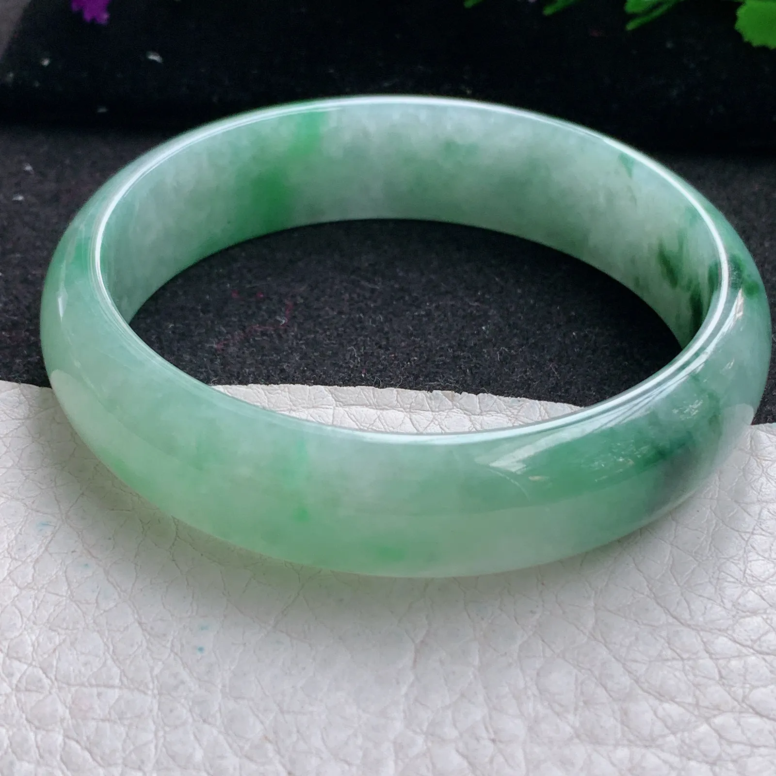 hh大圈口60*15*6.5轮胎镯 缅甸翡翠精美冰飘花灵动宽边玉手镯 玉手环