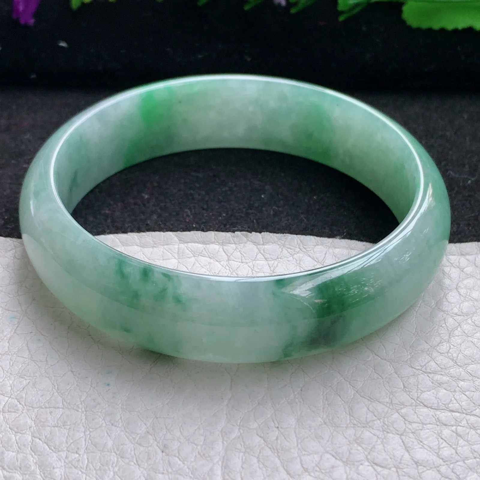 hh大圈口60*15*6.5轮胎镯 缅甸翡翠精美冰飘花灵动宽边玉手镯 玉手环
