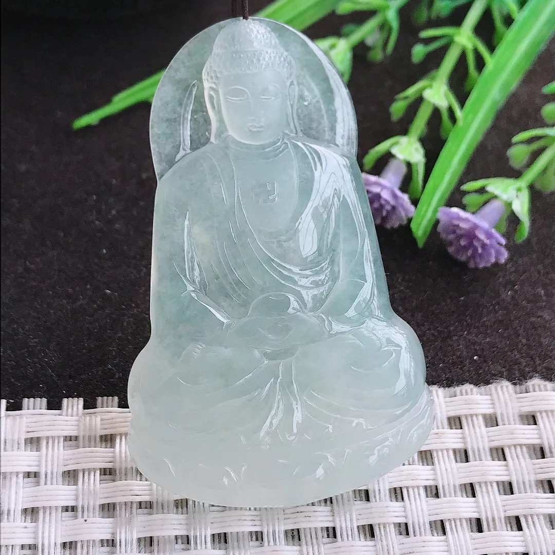 实拍A货翡翠53.5/35.2/6老坑冰种果冻胶冰晴大日如来佛祖吊坠翡翠玉牌挂件