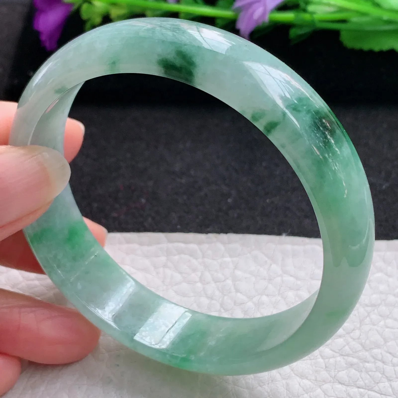 hh大圈口60*15*6.5轮胎镯 缅甸翡翠精美冰飘花灵动宽边玉手镯 玉手环