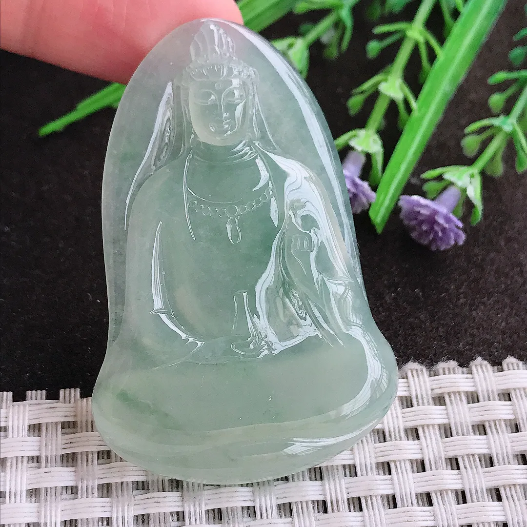 实拍A货翡翠55/36.5/5.6老坑冰胶果冻冰晴绿素衣观音吊坠翡翠玉牌挂件