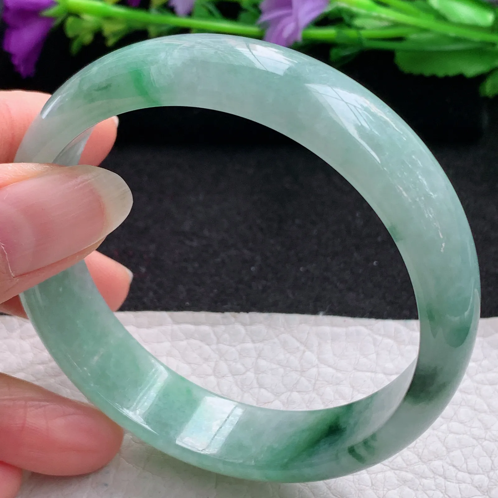 hh大圈口60*15*6.5轮胎镯 缅甸翡翠精美冰飘花灵动宽边玉手镯 玉手环