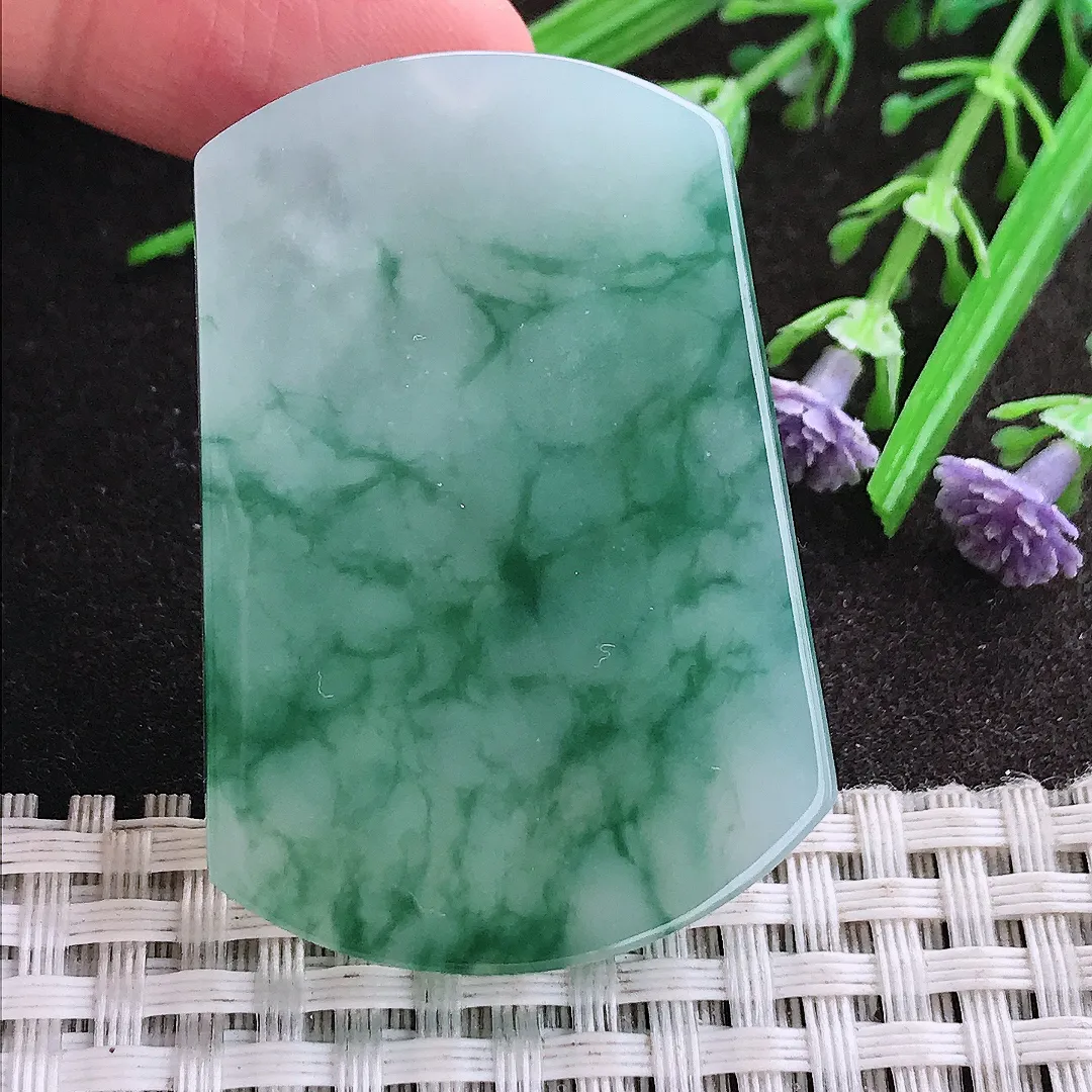 实拍A货翡翠47.8/33/5.9老坑冰胶水灵冰飘花平安无事牌吊坠翡翠玉牌挂件