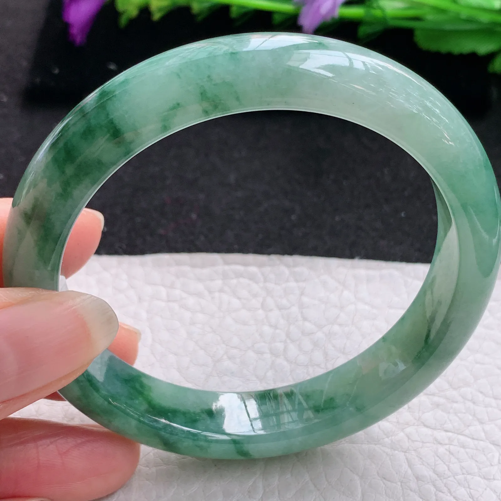 hh实拍58.5*12.3*8.5平安镯 缅甸翡翠精美飘蓝绿花宽边玉手镯 玉手环