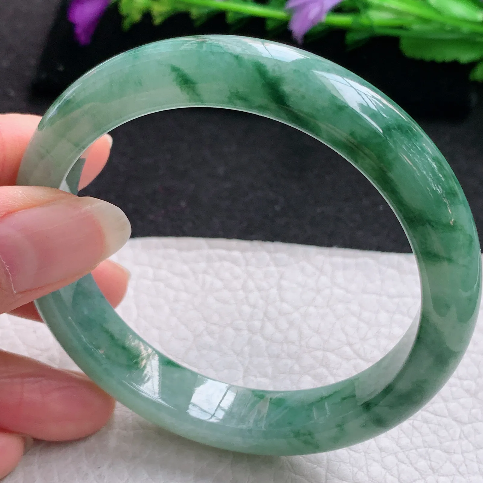 hh实拍58.5*12.3*8.5平安镯 缅甸翡翠精美飘蓝绿花宽边玉手镯 玉手环