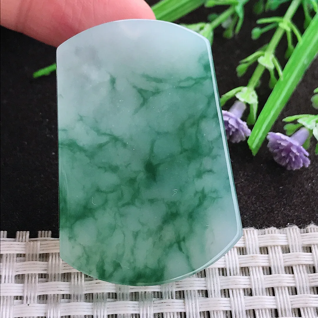 实拍A货翡翠47.8/33/5.9老坑冰胶水灵冰飘花平安无事牌吊坠翡翠玉牌挂件