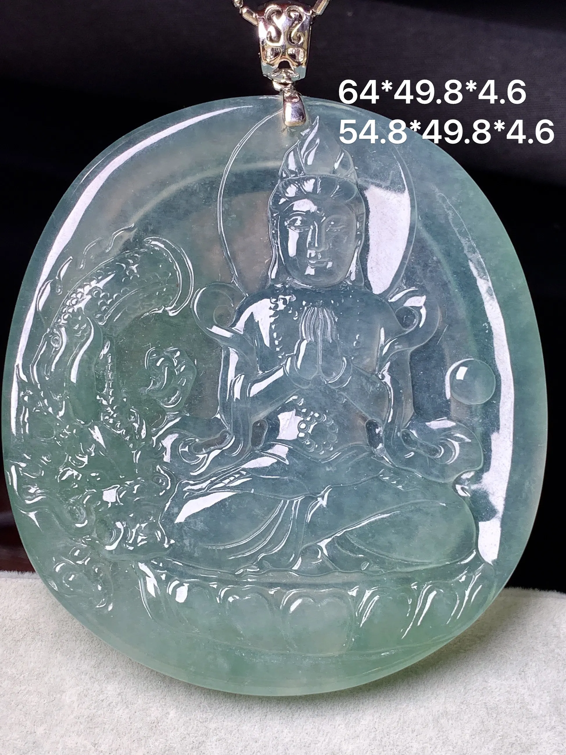 冰种翡翠晴绿文殊观音菩萨吊坠 玉质细腻 色泽清新艳丽 整体尺寸64*49.8*4.6