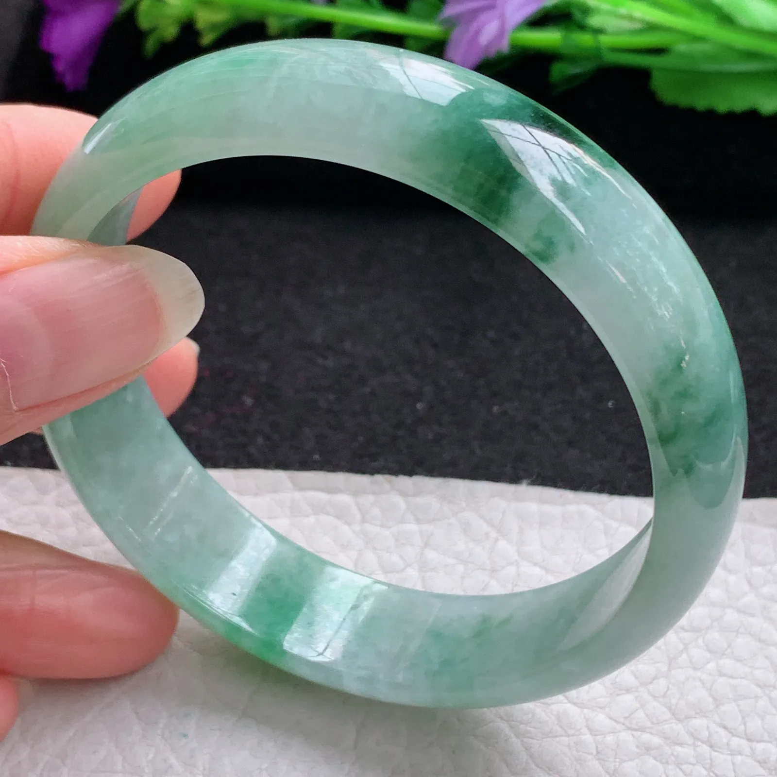 hh大圈口60*15*6.5轮胎镯 缅甸翡翠精美冰飘花灵动宽边玉手镯 玉手环