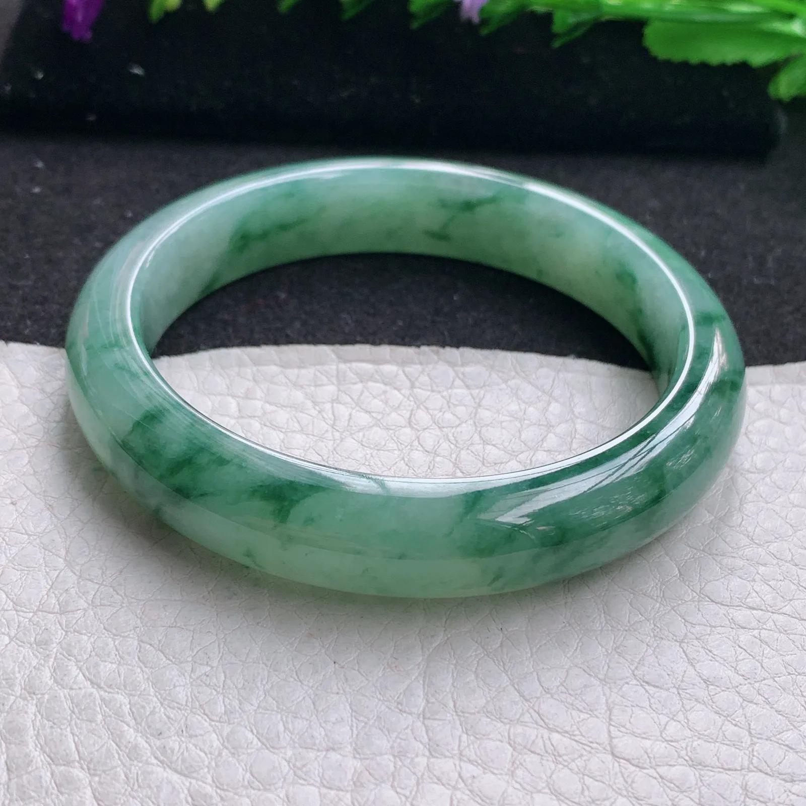 hh实拍58.5*12.3*8.5平安镯 缅甸翡翠精美飘蓝绿花宽边玉手镯 玉手环