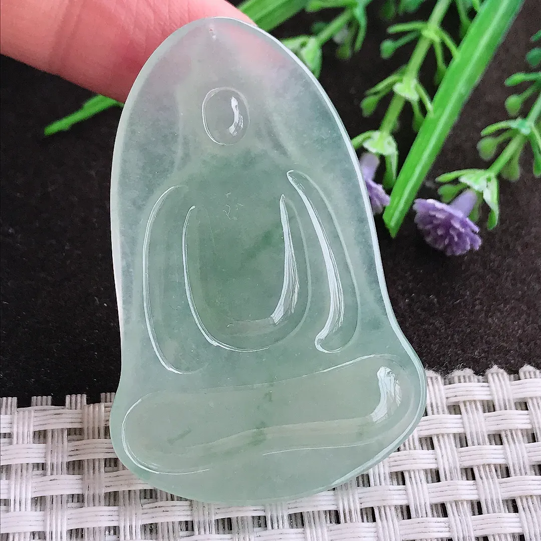 实拍A货翡翠55/36.5/5.6老坑冰胶果冻冰晴绿素衣观音吊坠翡翠玉牌挂件