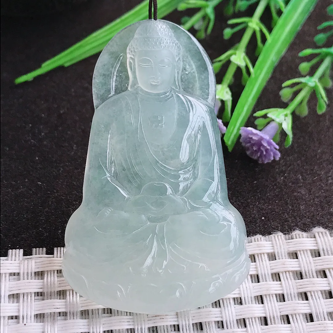 实拍A货翡翠53.5/35.2/6老坑冰种果冻胶冰晴大日如来佛祖吊坠翡翠玉牌挂件
