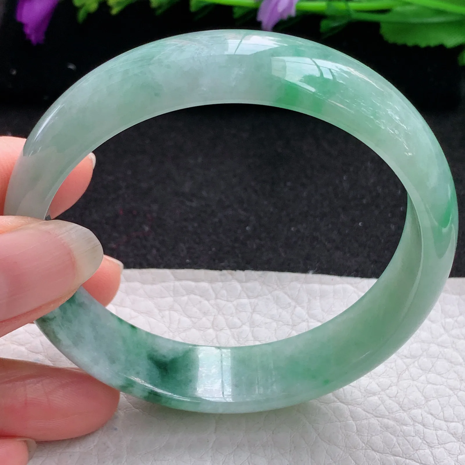 hh大圈口60*15*6.5轮胎镯 缅甸翡翠精美冰飘花灵动宽边玉手镯 玉手环