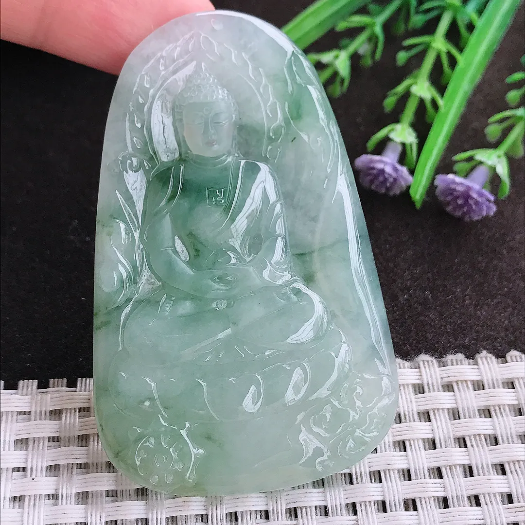 实拍A货翡翠65.6/42.5/5.5老坑冰胶水灵冰飘花大日如来佛吊坠翡翠玉牌挂件