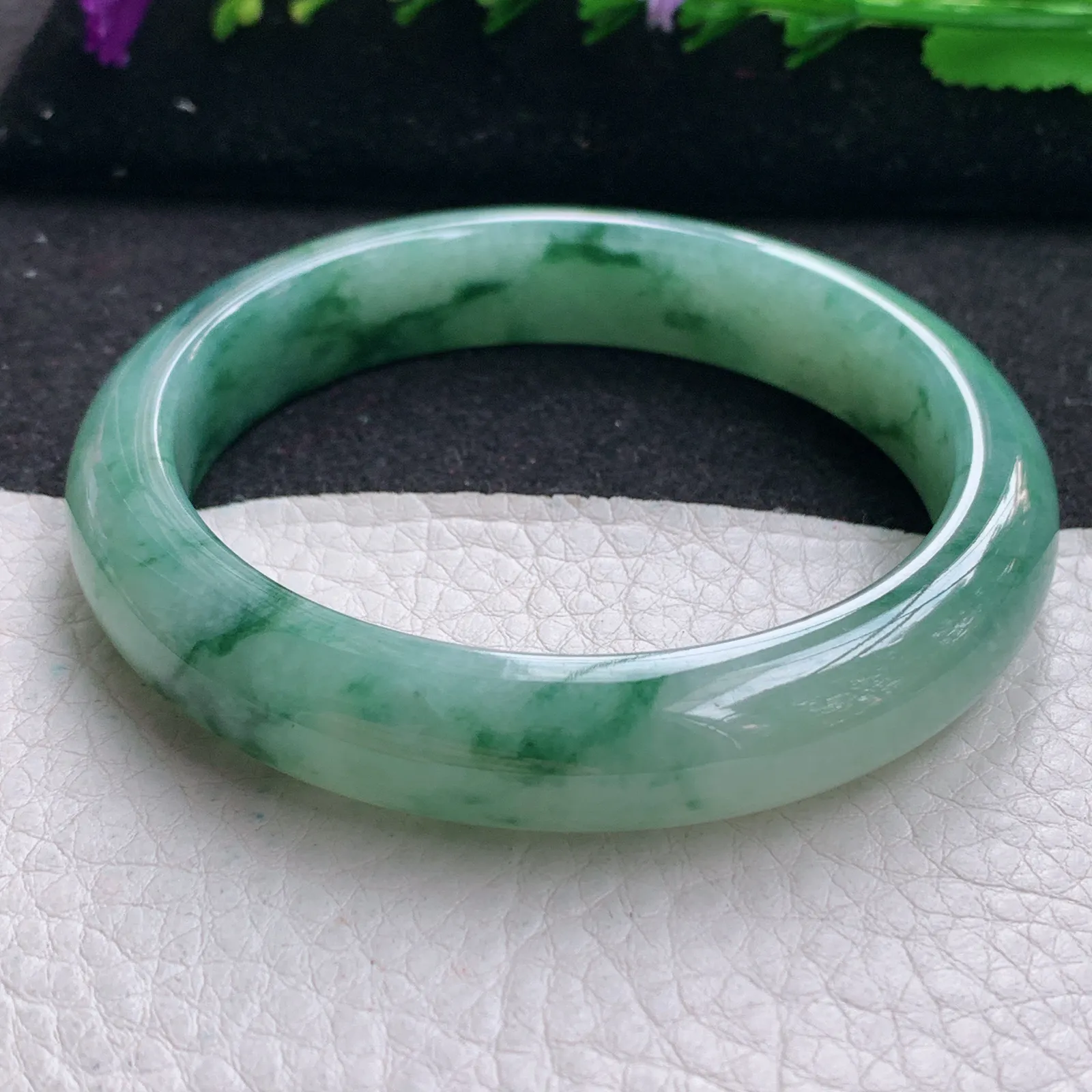hh实拍58.5*12.3*8.5平安镯 缅甸翡翠精美飘蓝绿花宽边玉手镯 玉手环
