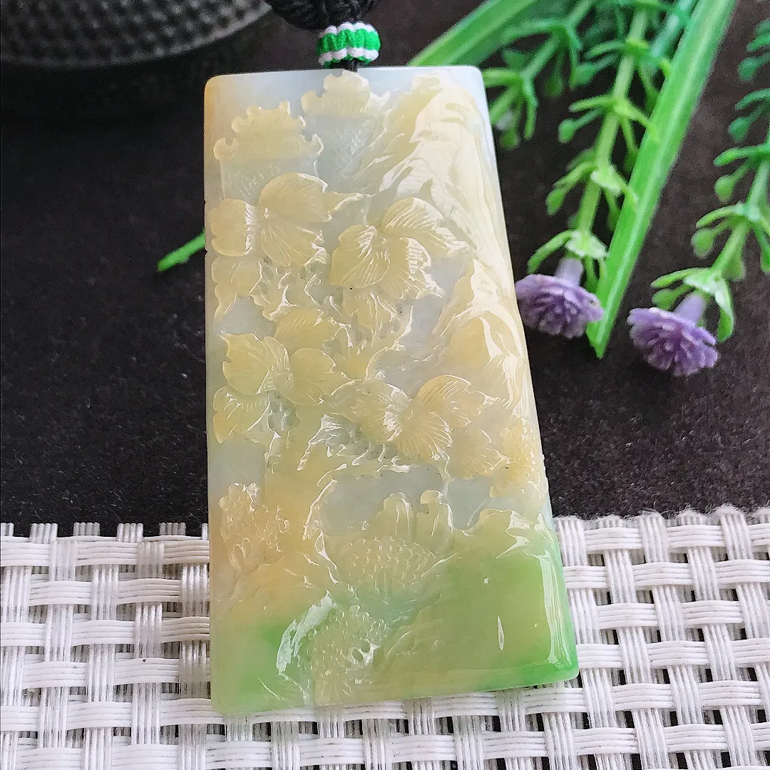 实拍A货翡翠58/33.5/6老坑精美冰润三彩黄翡山水牌吊坠翡翠玉牌挂件