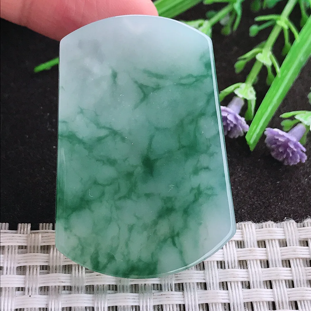 实拍A货翡翠47.8/33/5.9老坑冰胶水灵冰飘花平安无事牌吊坠翡翠玉牌挂件