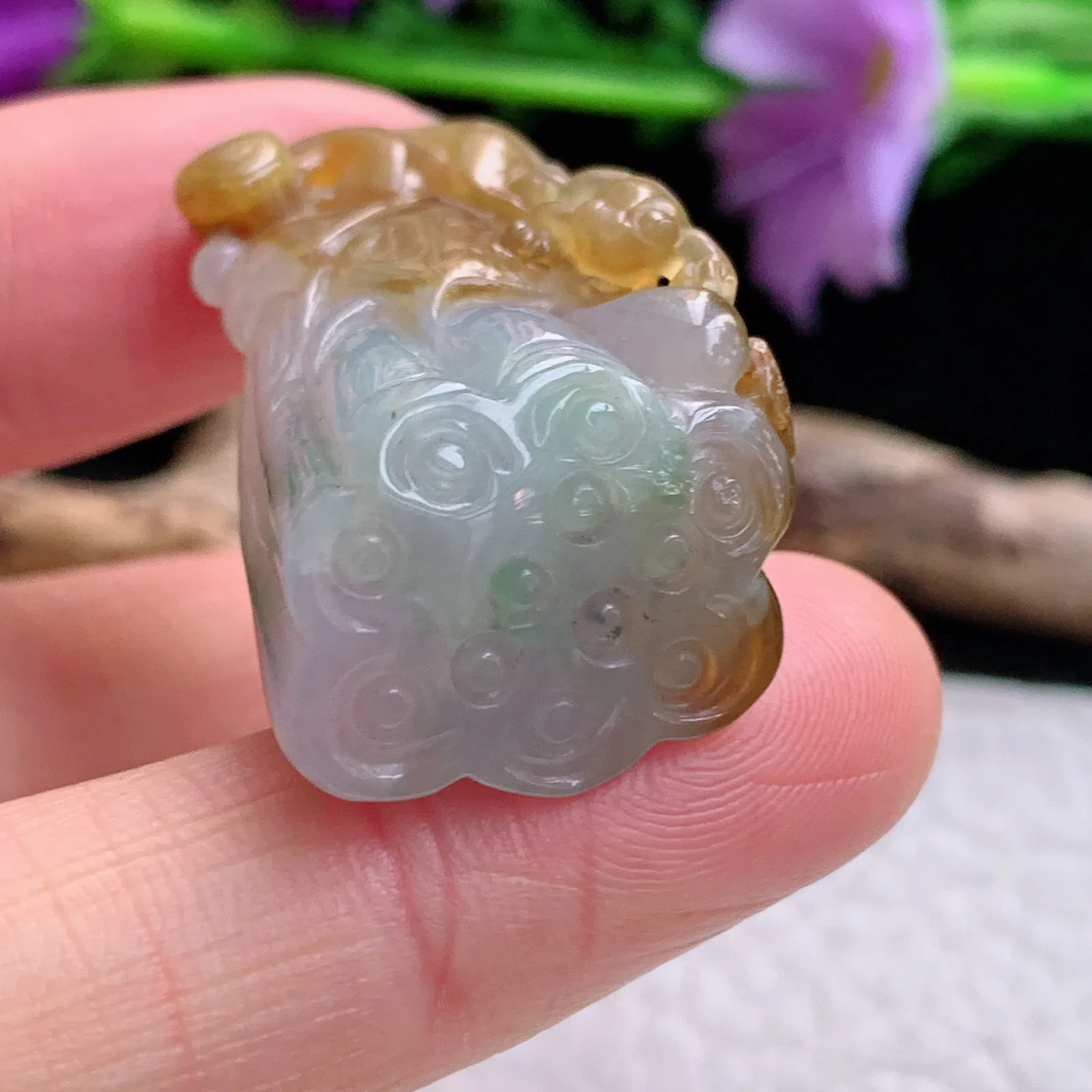 yn实拍36*19.8*12.5缅甸翡翠精雕冰双彩莲蓬 福气满满玉吊坠 玉挂坠