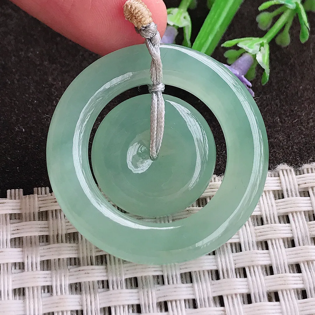 实拍A货翡翠33.7/5.5老坑冰胶果冻冰晴甜绿母子扣吊坠翡翠玉扣挂件平安扣