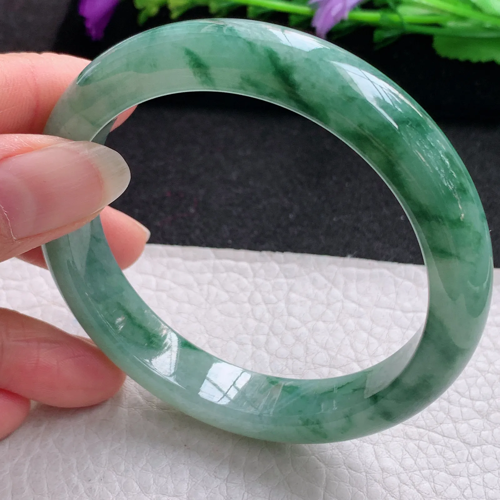 hh实拍58.5*12.3*8.5平安镯 缅甸翡翠精美飘蓝绿花宽边玉手镯 玉手环